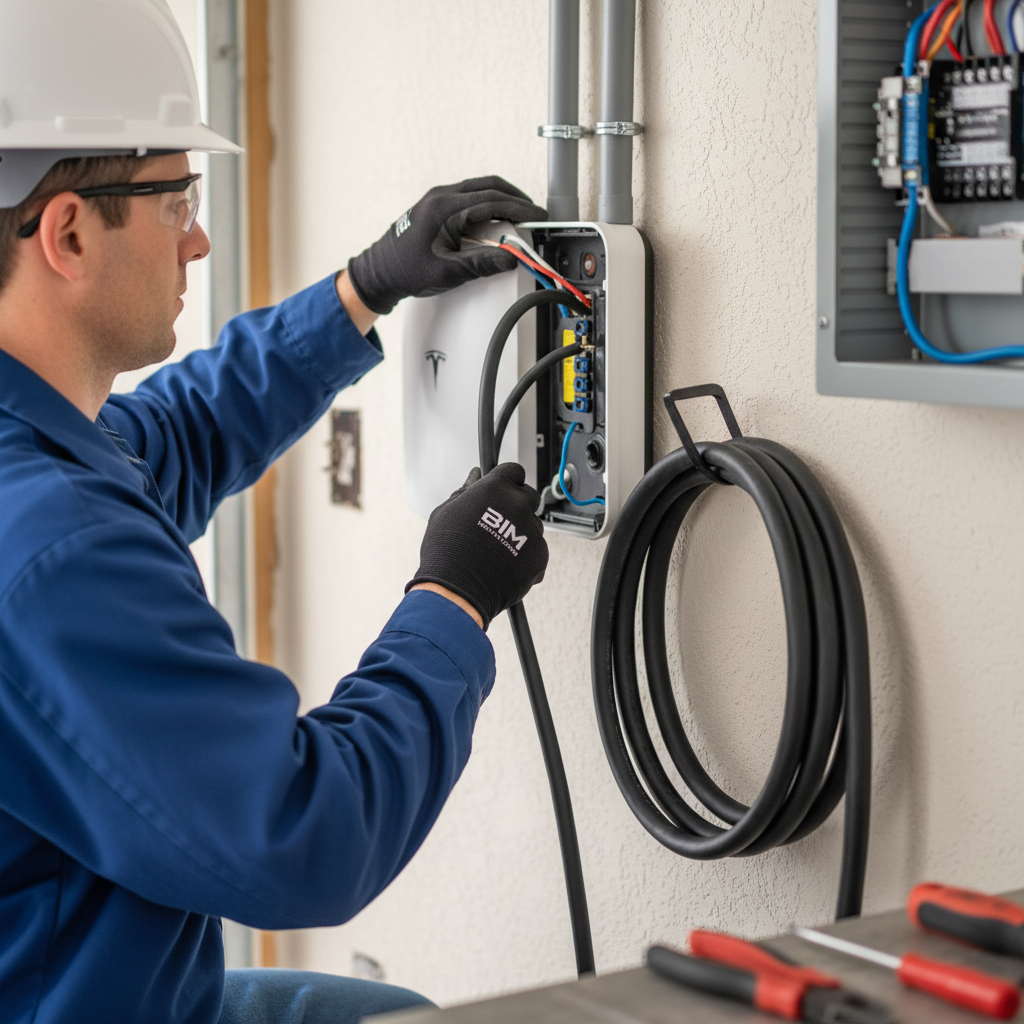 Close-up of an electrician performing Tesla Wall Connector installation in Fredericksburg, VA, showing wiring.