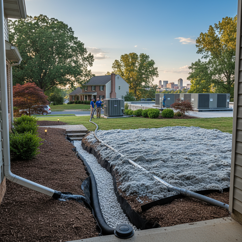 Close-up of drainage pipe installation with gravel and fabric, part of a professional drainage service in Fredericksburg, VA.
