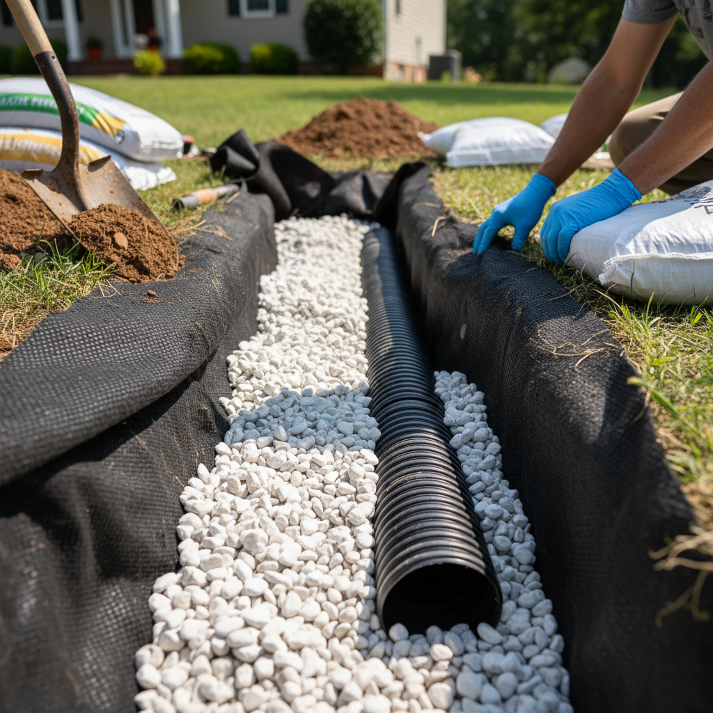 Close-up of drainage pipe installation with gravel and fabric, part of a professional drainage service in Fredericksburg, VA.