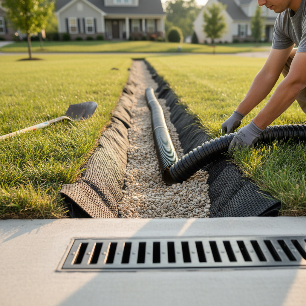 Close-up of drainage service installation showing pipes, gravel, and grates in Fredericksburg, VA.