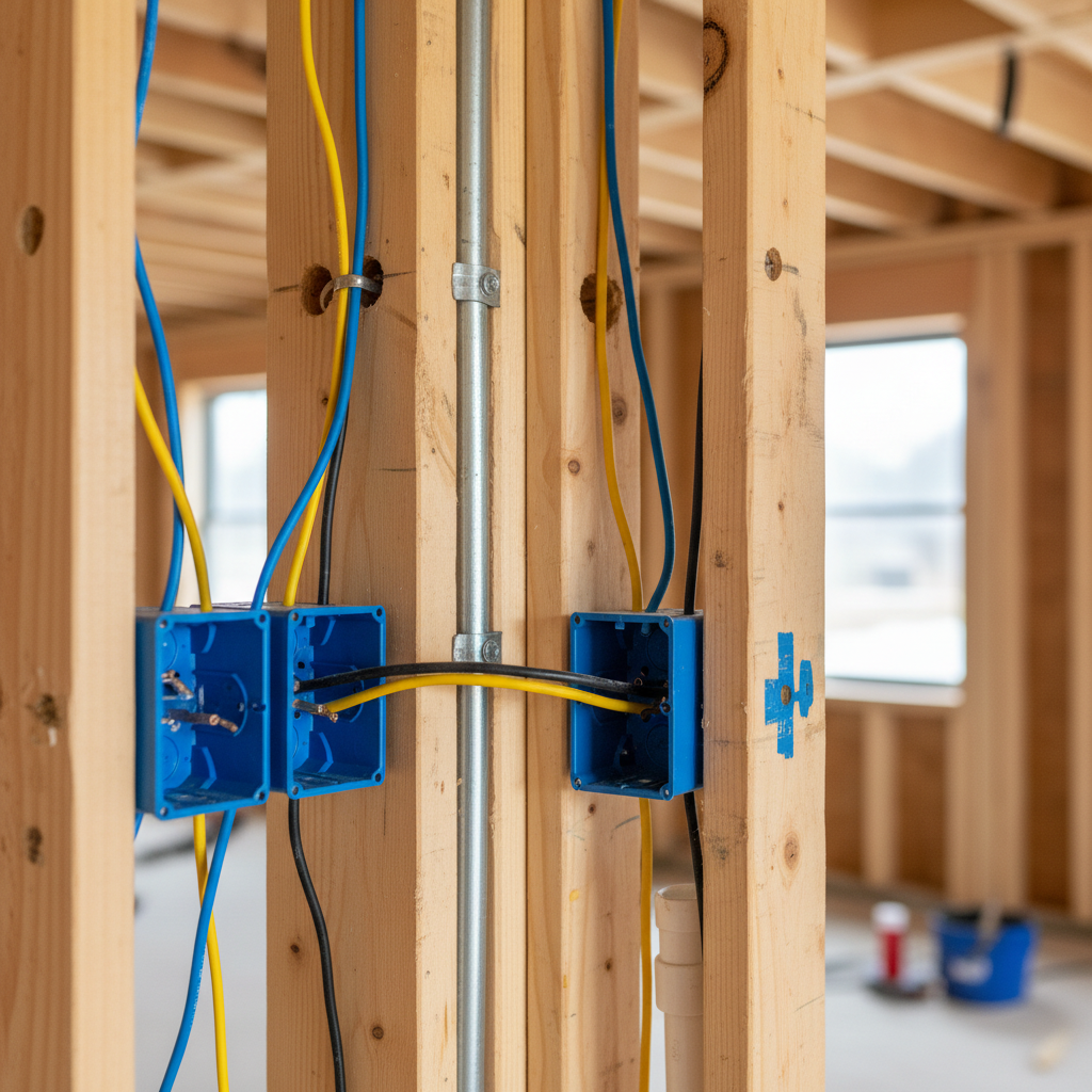 Close-up of electrical rough-in wiring and junction boxes during installation in Fredericksburg, VA.