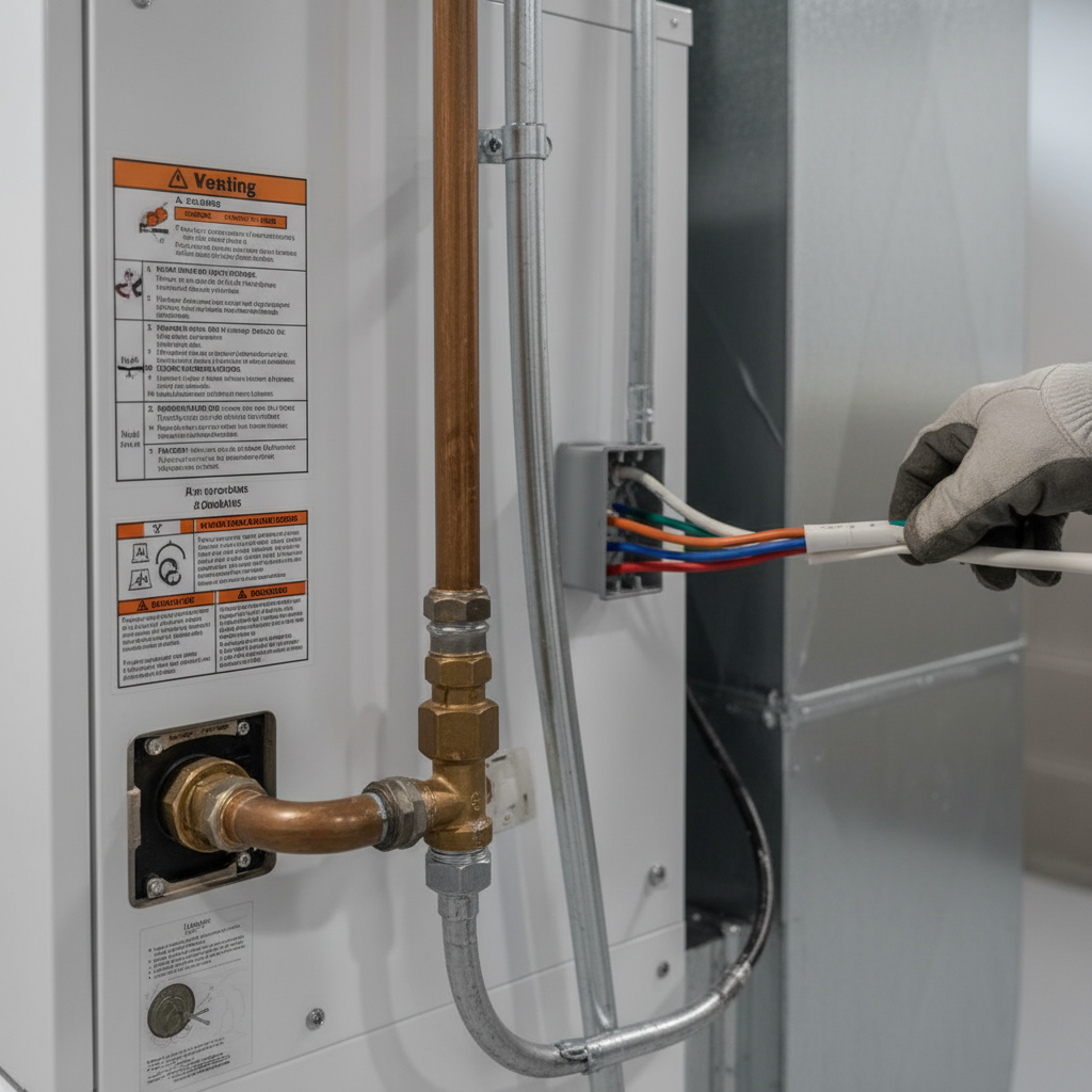 Close-up of gas lines and electrical connections during a precise furnace installation in Fredericksburg.