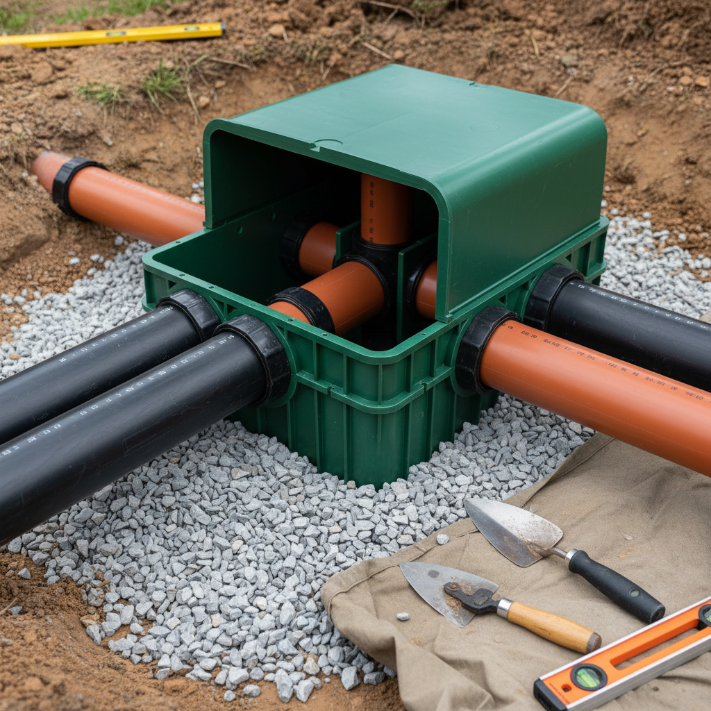 Close-up of new pipes and connection box during septic system service in Fredericksburg, VA.