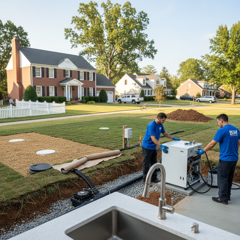 Close-up of new pipes and gravel for a septic system replacement installation in Fredericksburg, VA.