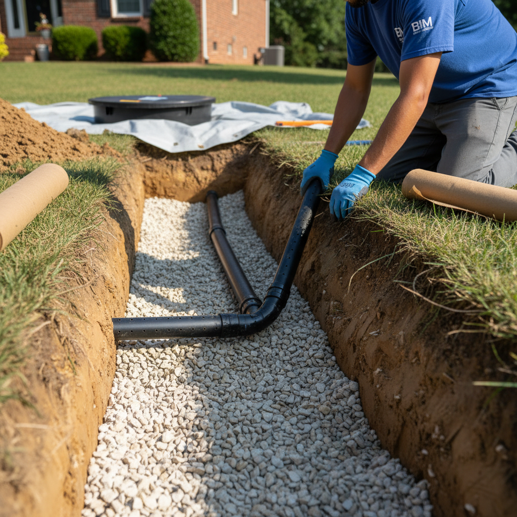 Close-up of new pipes and gravel for a septic system replacement installation in Fredericksburg, VA.