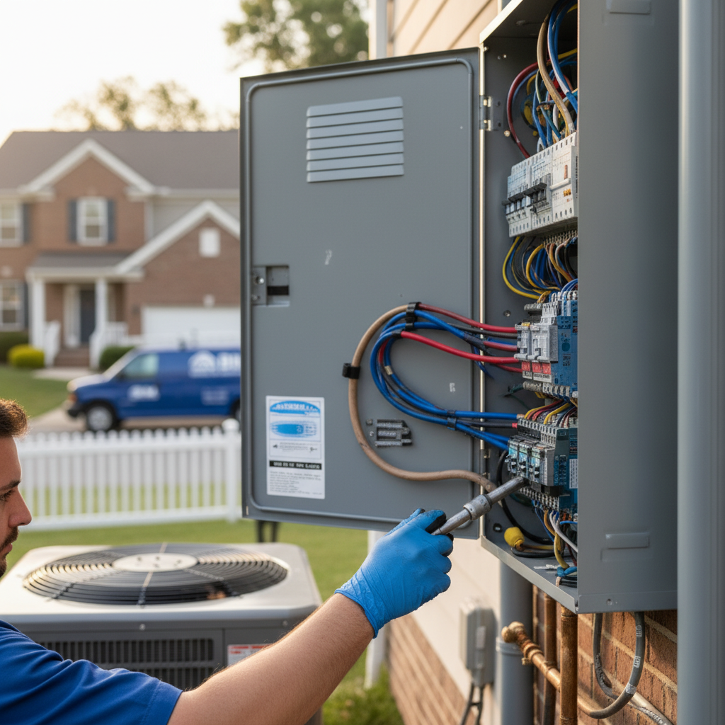 Close-up of new wiring and components during an electrical panel upgrade in Fredericksburg, VA.