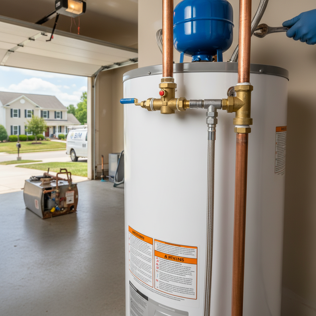 Close-up of newly installed pipes and connections on a water heater replacement in Fredericksburg, VA, showing craftsmanship.