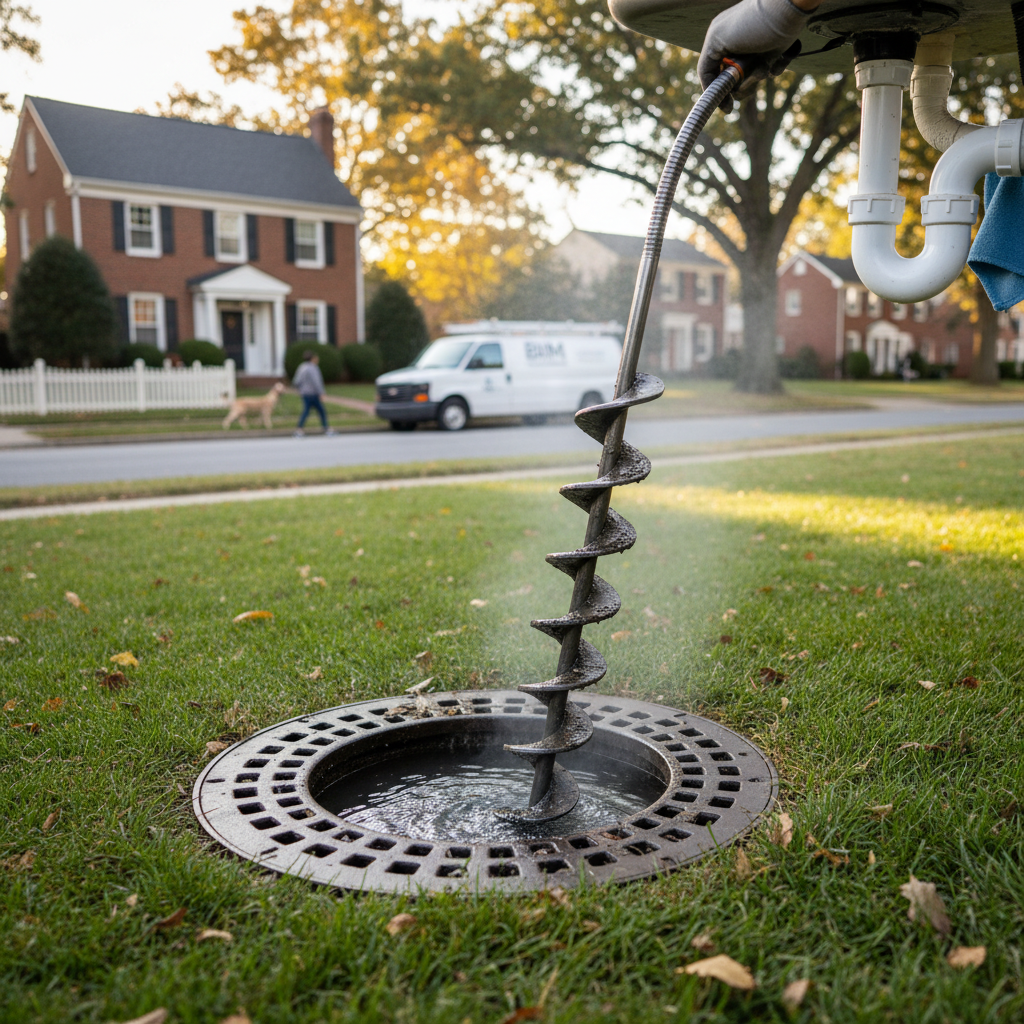 Close-up of plumber's hands using a wrench to secure P-trap during a drain unclogging service in Fredericksburg.
