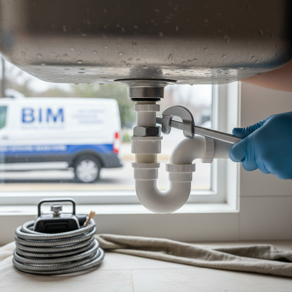 Close-up of plumber's hands using a wrench to secure P-trap during a drain unclogging service in Fredericksburg.