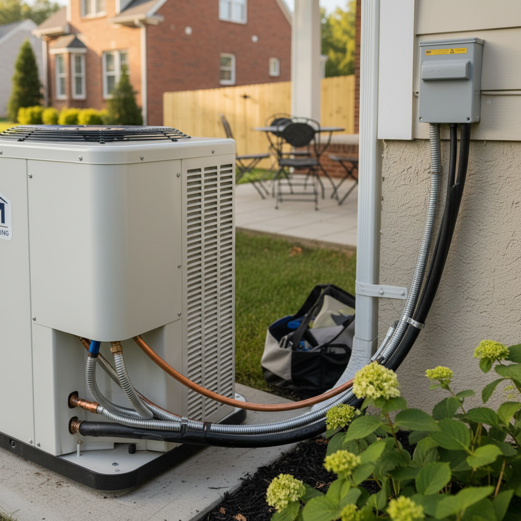 Close-up of precise air conditioner installation details and connections at a Fredericksburg, VA residence.