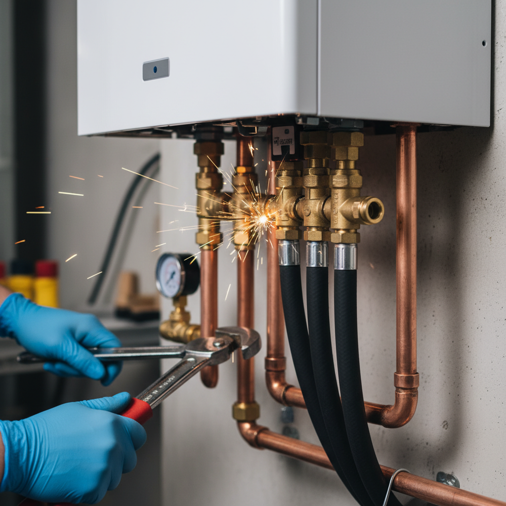 Close-up of precise piping and connections during boiler installation in Fredericksburg, VA.