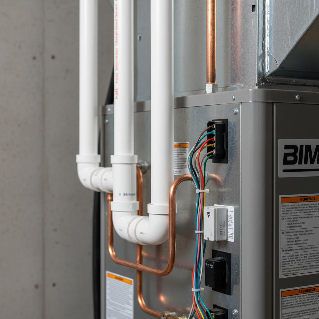 Close-up of precise wiring and piping for a high efficiency furnace installation in Fredericksburg, VA.