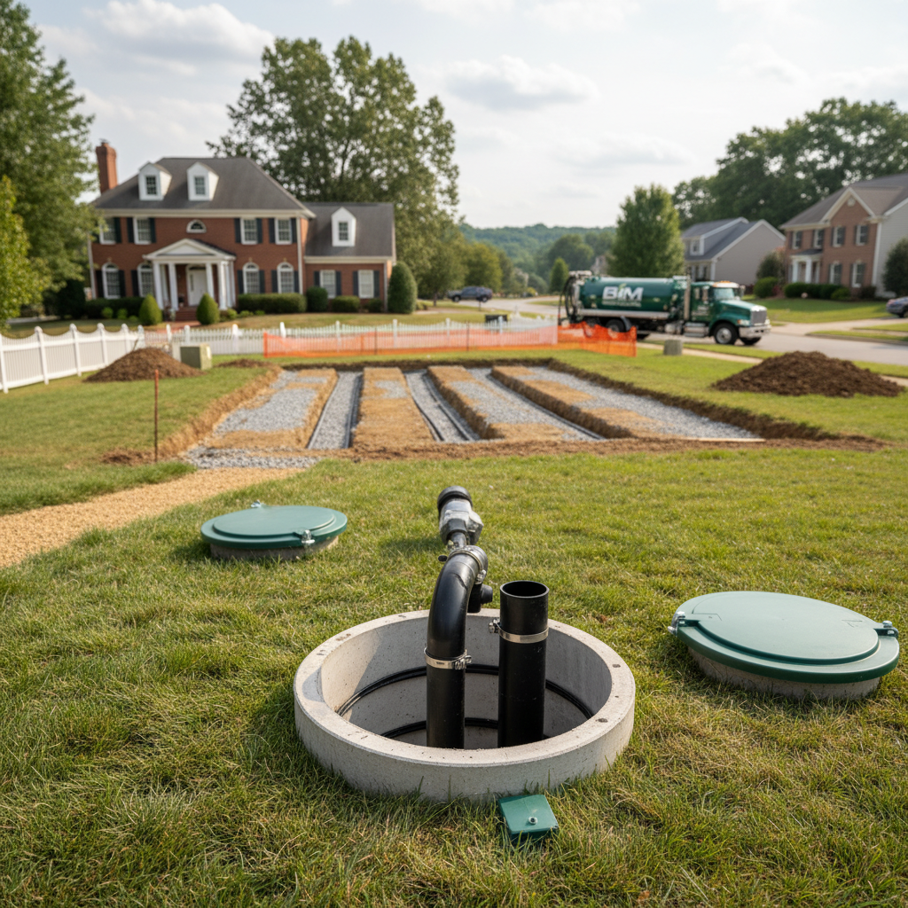 Close-up of professionals installing materials for septic system maintenance in Fredericksburg, VA, showcasing new pipes.