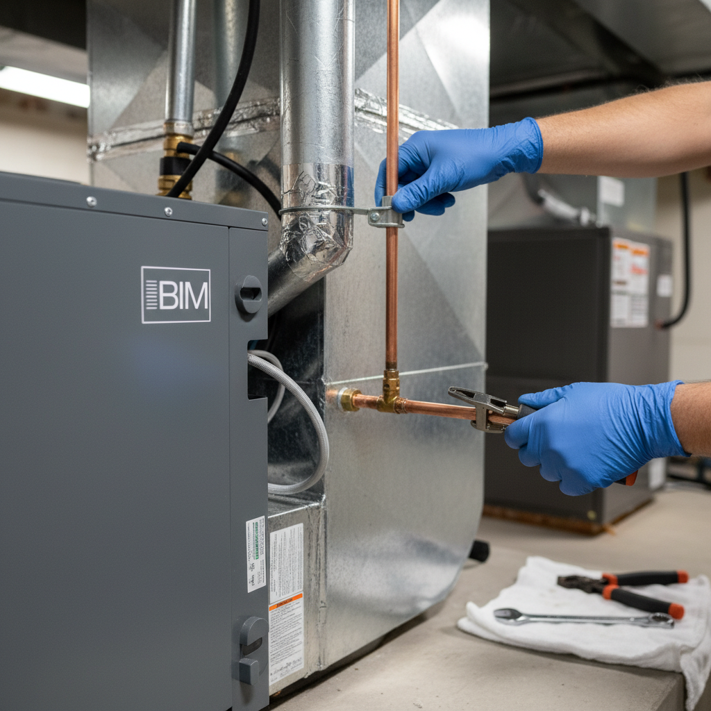 Close-up of technician performing whole house dehumidifier installation with copper piping in Fredericksburg, VA.