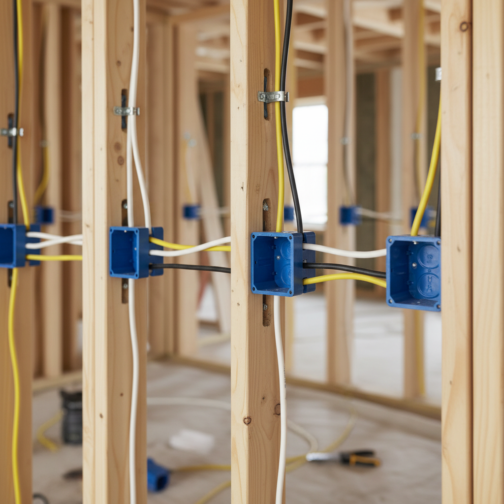 Close-up of wiring and electrical boxes during new construction electrical installation in Fredericksburg, VA.