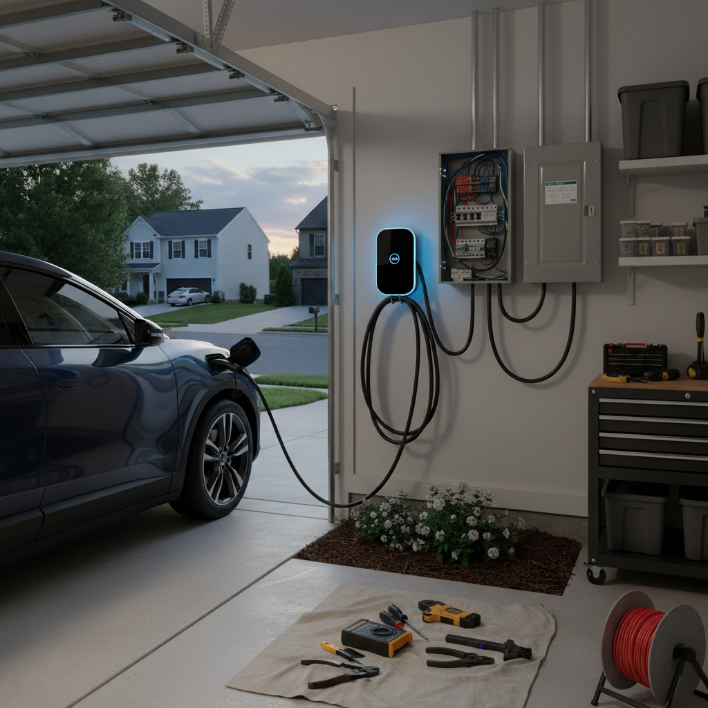 Close-up of wiring and electrical connections during an EV charger panel upgrade by BIM Heating and Cooling in Fredericksburg, VA.