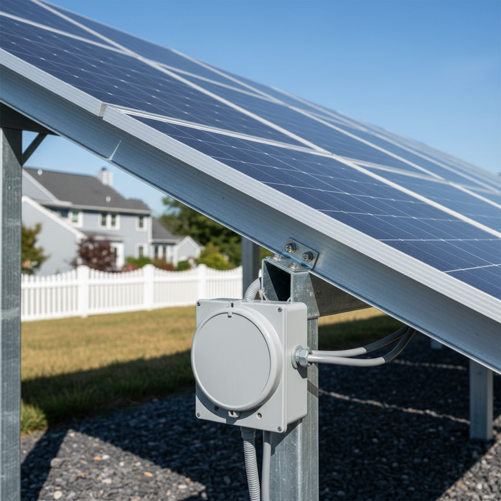 Close-up of wiring and hardware detail on a ground mount solar installation in Fredericksburg, VA.