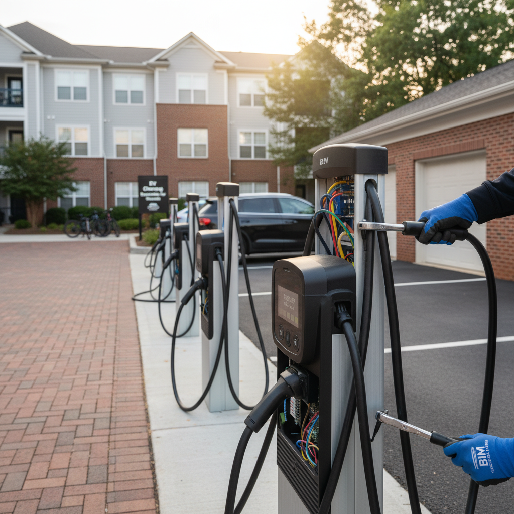Close-up of wiring and hardware during a multi-unit EV charging installation in Fredericksburg, VA.