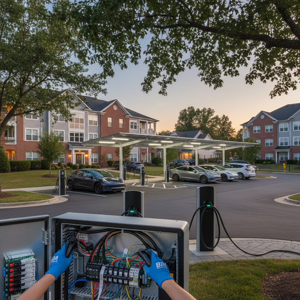 Close-up of wiring and hardware during a multi-unit EV charging installation in Fredericksburg, VA.