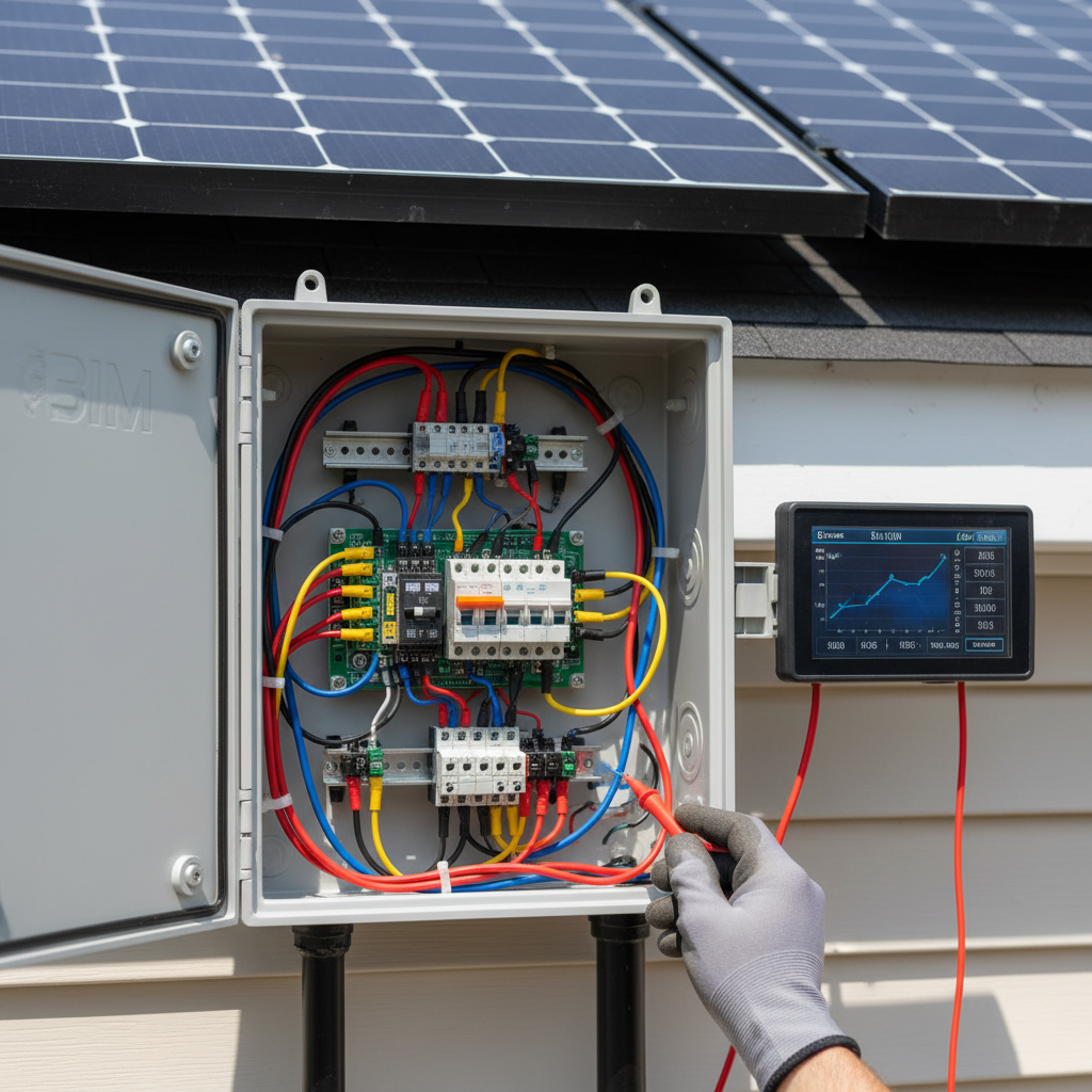 Close-up of wiring and hardware during a solar system monitoring setup in Fredericksburg, VA, by BIM Heating and Cooling.