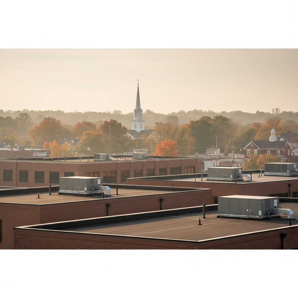 Commercial heating units on rooftops with a church steeple in the background in Fredericksburg, VA.