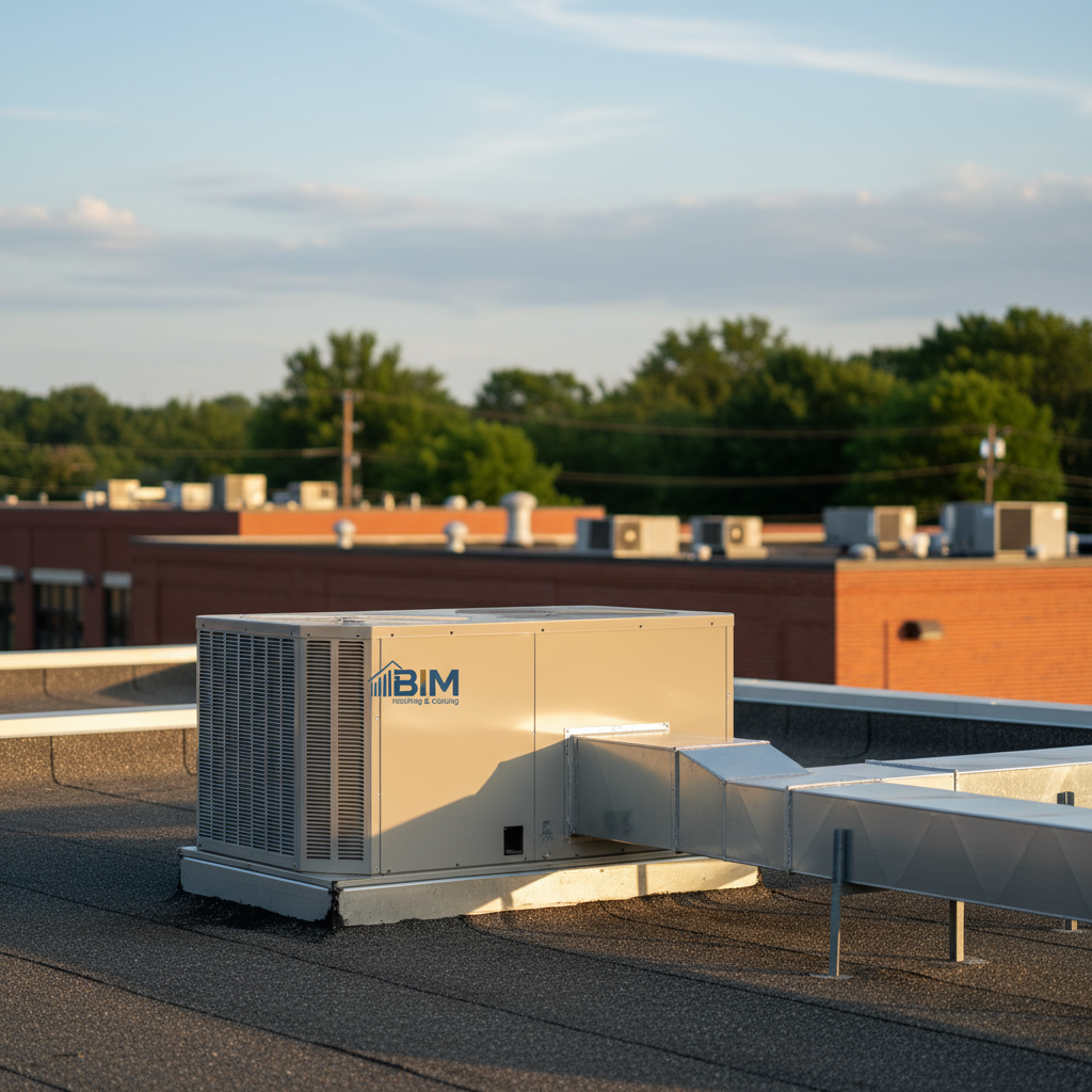 Commercial HVAC unit on a building rooftop in a Fredericksburg neighborhood, with soft evening light.