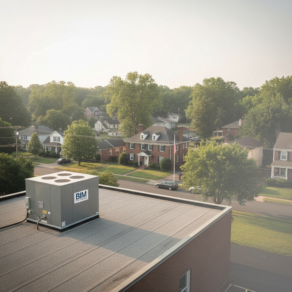 Commercial HVAC unit on a building rooftop in a serene Fredericksburg, VA neighborhood setting at dawn.