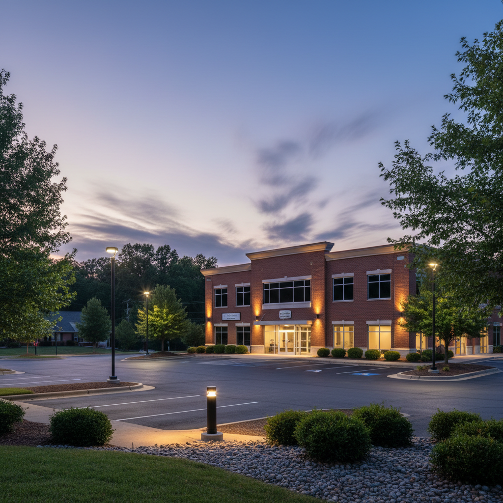 Commercial lighting installation at a business park in Fredericksburg, VA, providing subtle illumination at twilight.