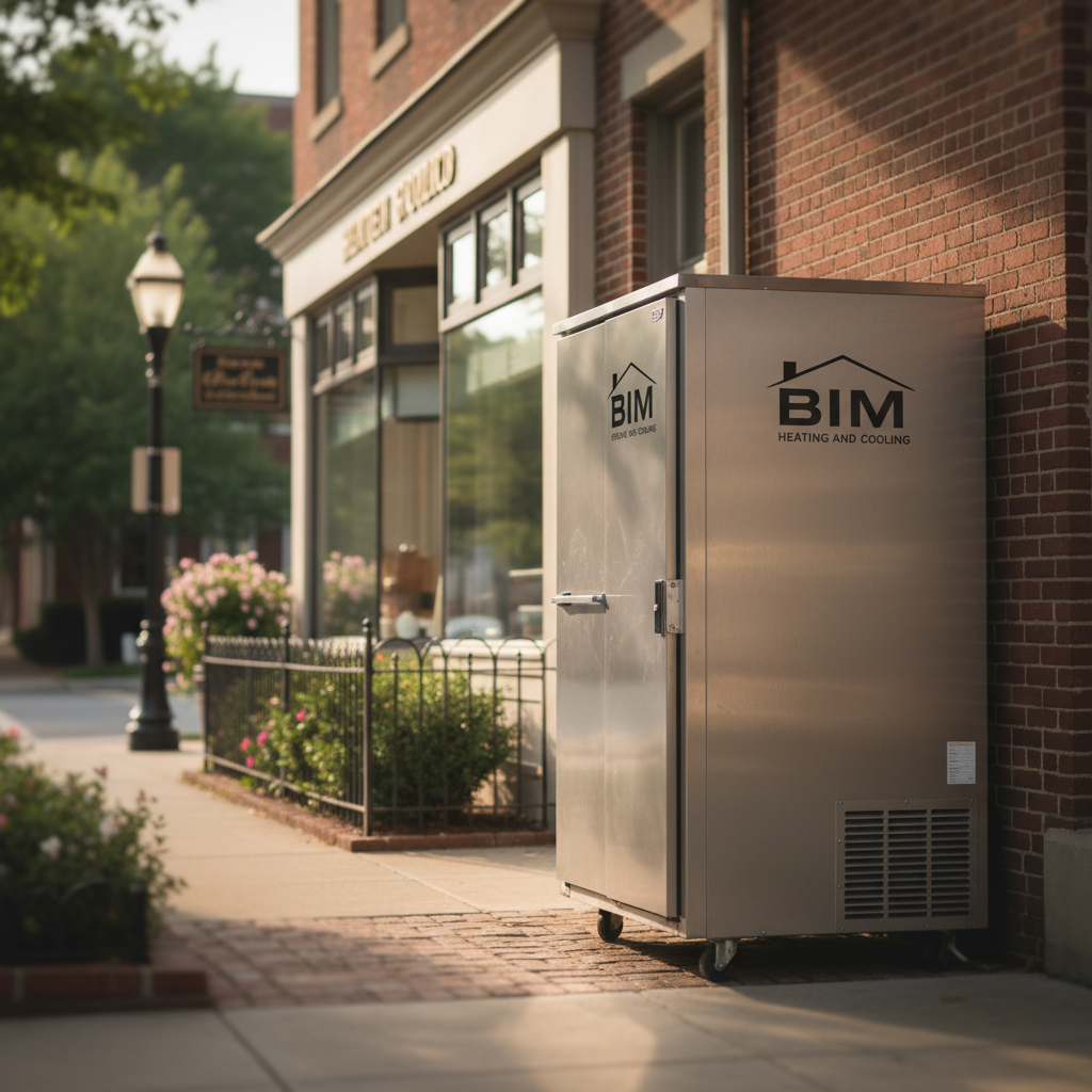 Commercial refrigeration unit on a sidewalk in a historic Fredericksburg, VA neighborhood, awaiting service.