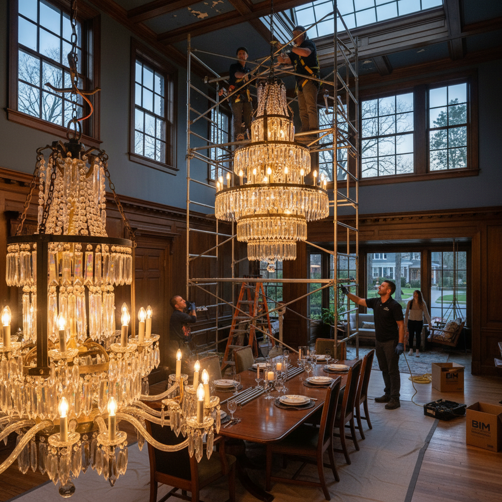 Completed chandelier installation project in a beautiful Fredericksburg, VA home by BIM Heating and Cooling.