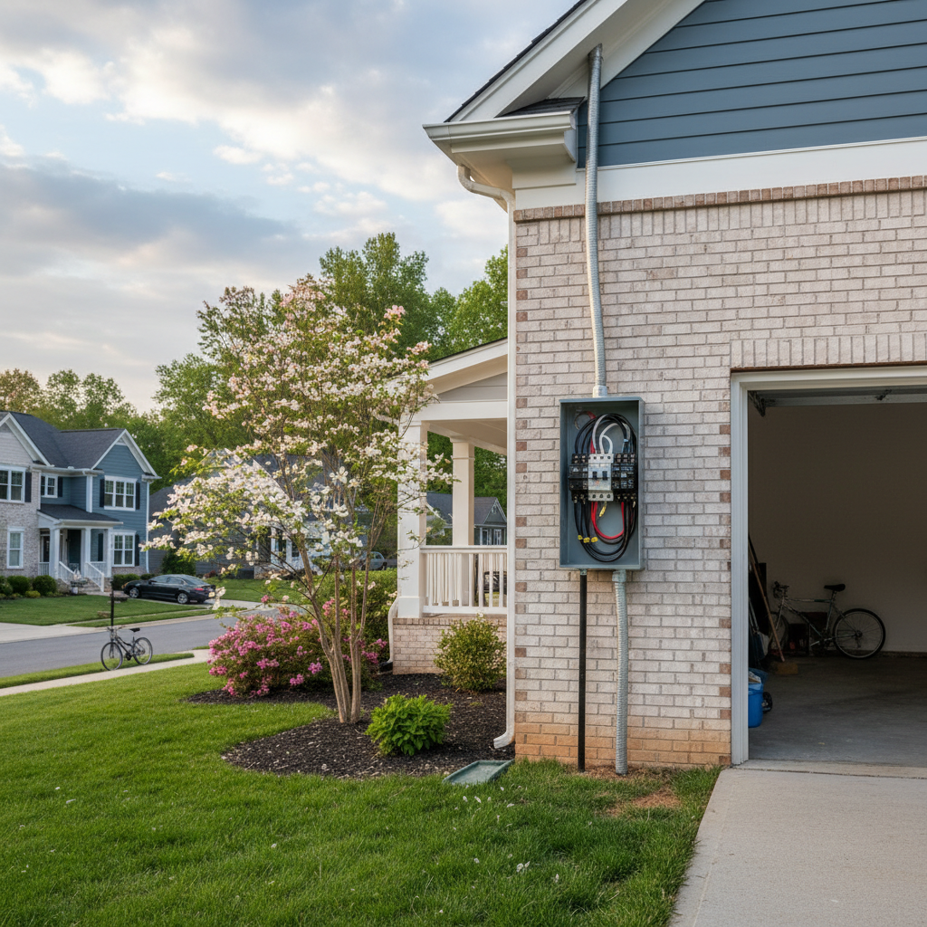 Completed dedicated circuit installation on a modern brick home in Fredericksburg, VA, ensuring reliable power.