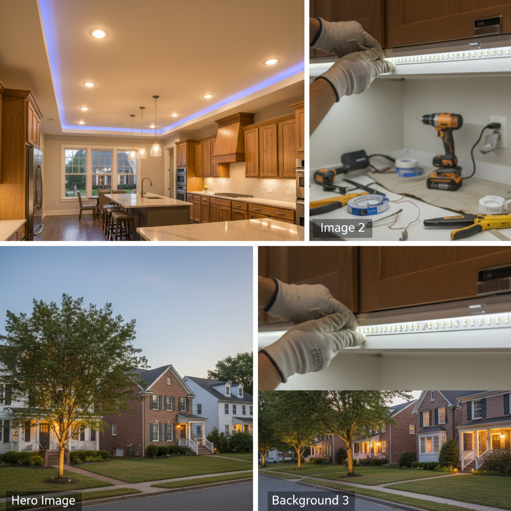 Completed LED lighting upgrade in a modern Fredericksburg, VA kitchen with cove and recessed lights.