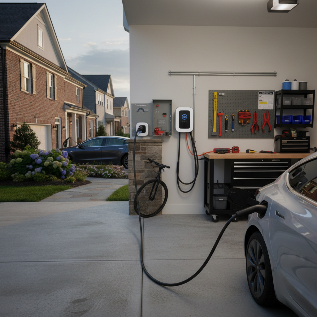 Completed Level 2 EV charger installation in a modern residential garage in Fredericksburg, VA, charging an electric car.