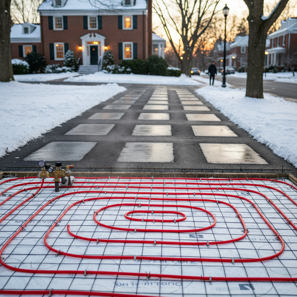 Completed radiant heat installation melting snow on a driveway in Fredericksburg, VA, showcasing a warm path.
