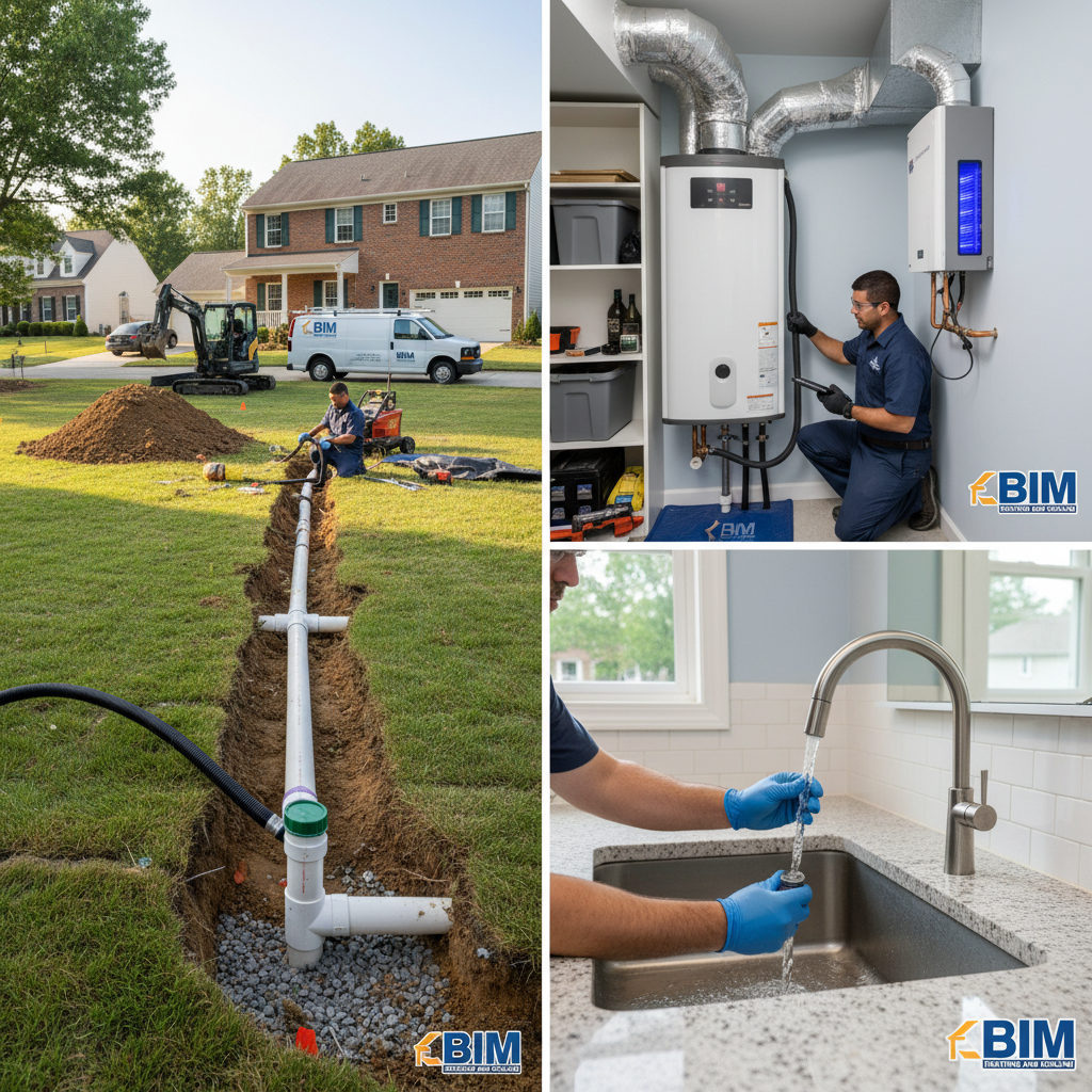 Completed septic line repair project with new pipes installed at a home in Fredericksburg, VA.