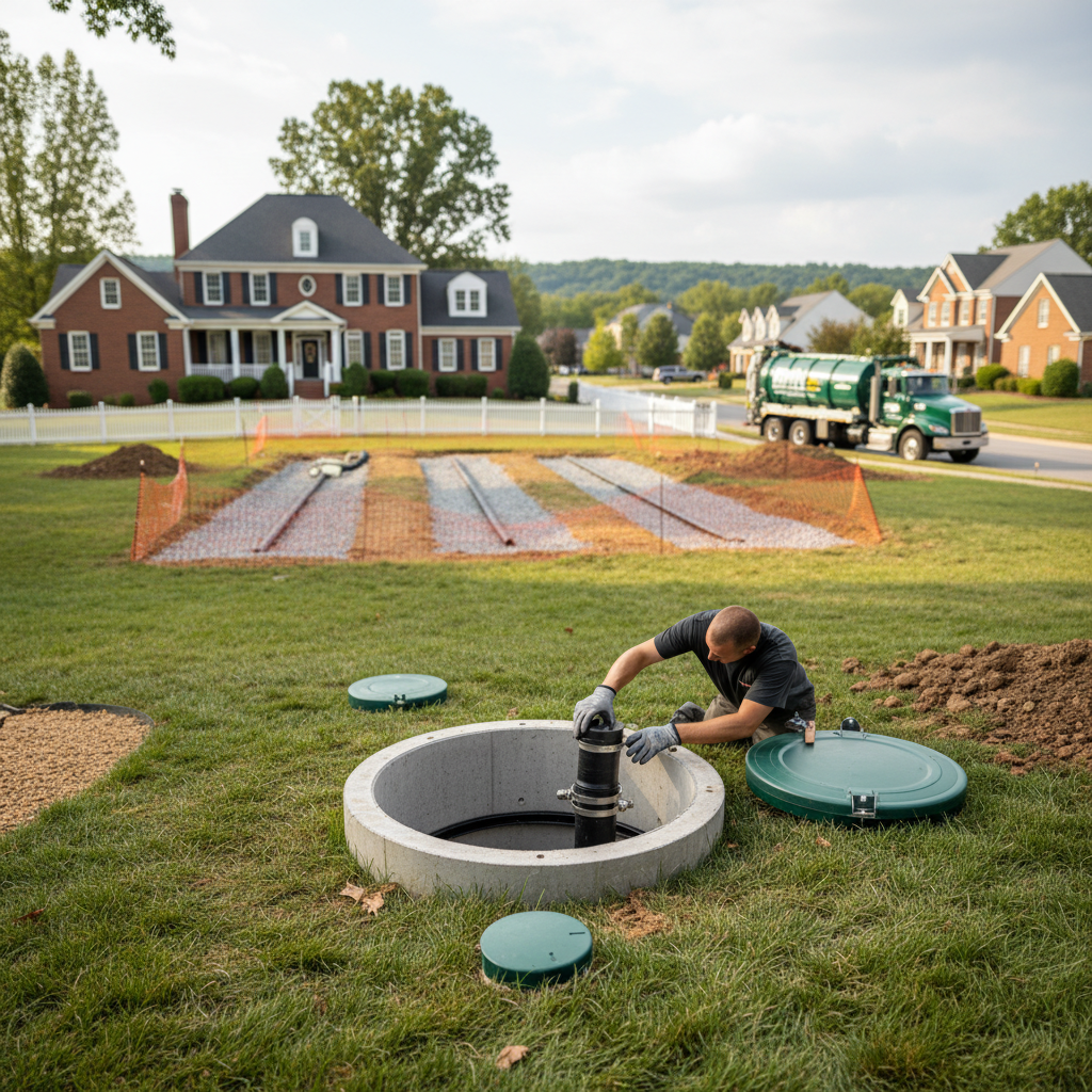 Completed septic system maintenance project in a Fredericksburg, VA residential yard with a technician.