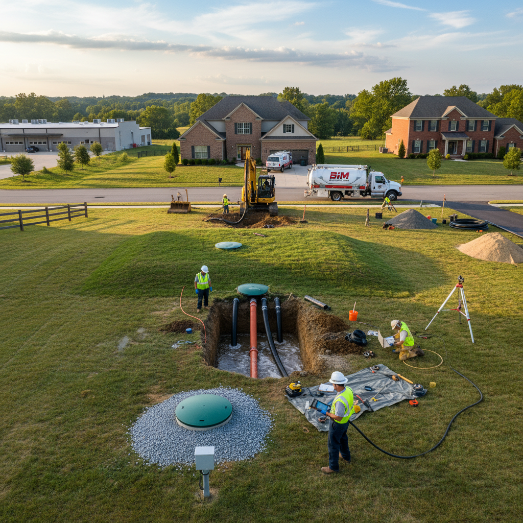 Completed septic system service project in a residential area of Fredericksburg, VA, at sunset.