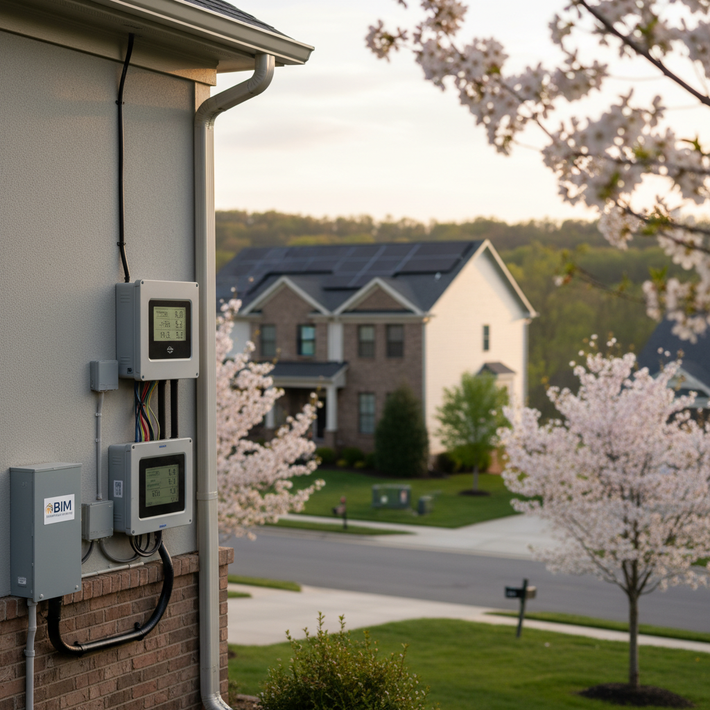 Completed solar system monitoring setup on a modern home in Fredericksburg, VA, with solar panels in the background.