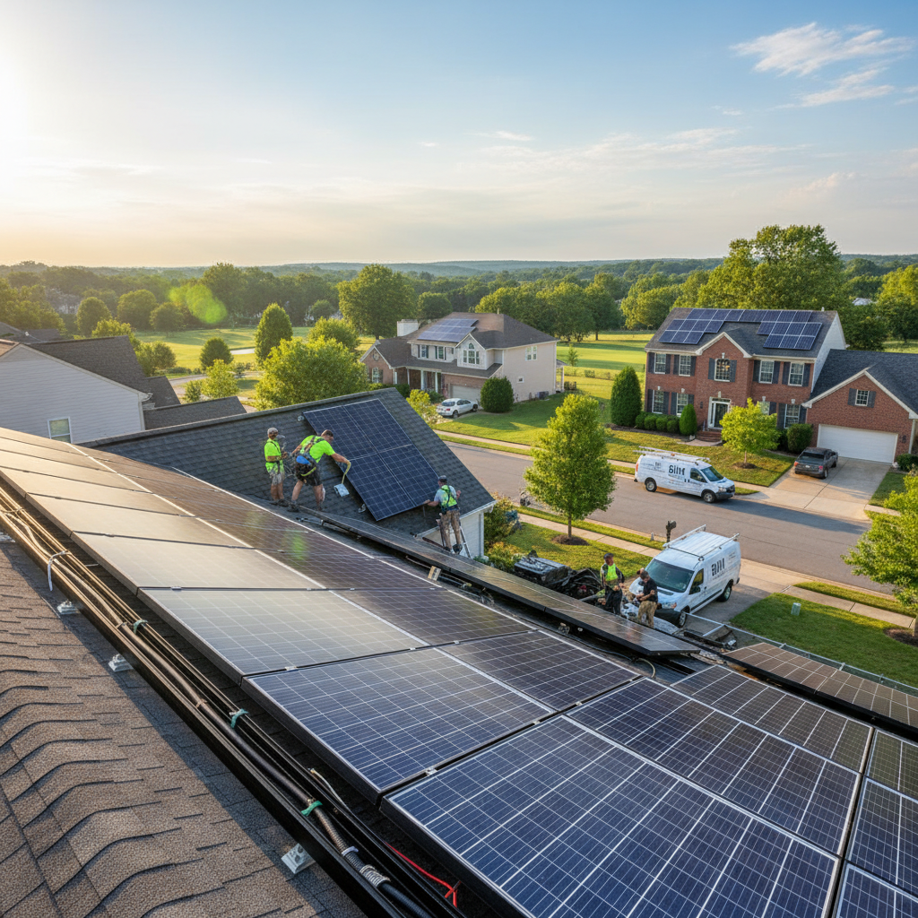 Completed solar system repair project on a residential roof in Fredericksburg, VA, showcasing the installed solar panels.