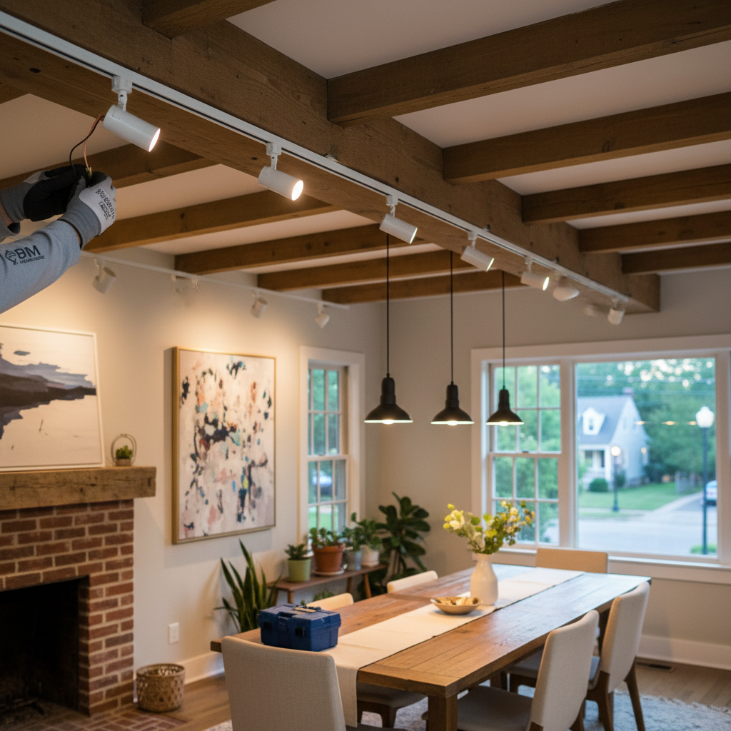 Completed track lighting installation project in a modern dining room in Fredericksburg, VA, enhancing the home's aesthetic.