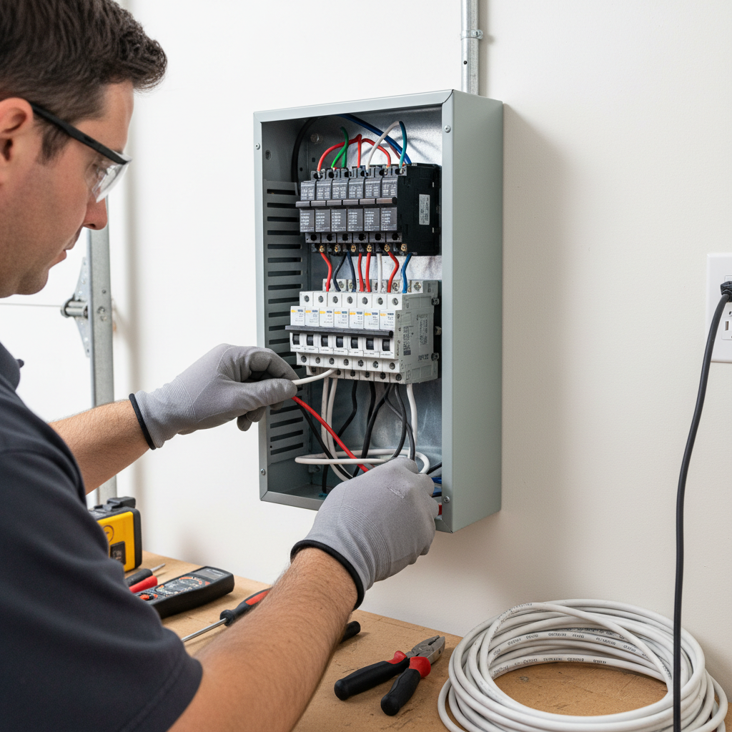 Electrician performing arc fault breaker installation with wiring in Fredericksburg, VA, ensuring home electrical safety.