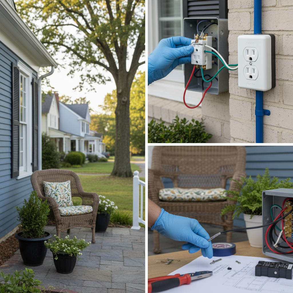 Electrician's hands wiring a GFCI outlet during an installation in Fredericksburg, VA.