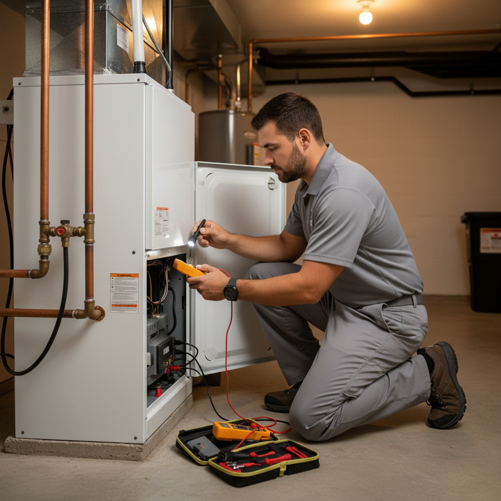 Experienced BIM Heating and Cooling professional checking a furnace, ensuring comfort for Fredericksburg, Virginia residents.