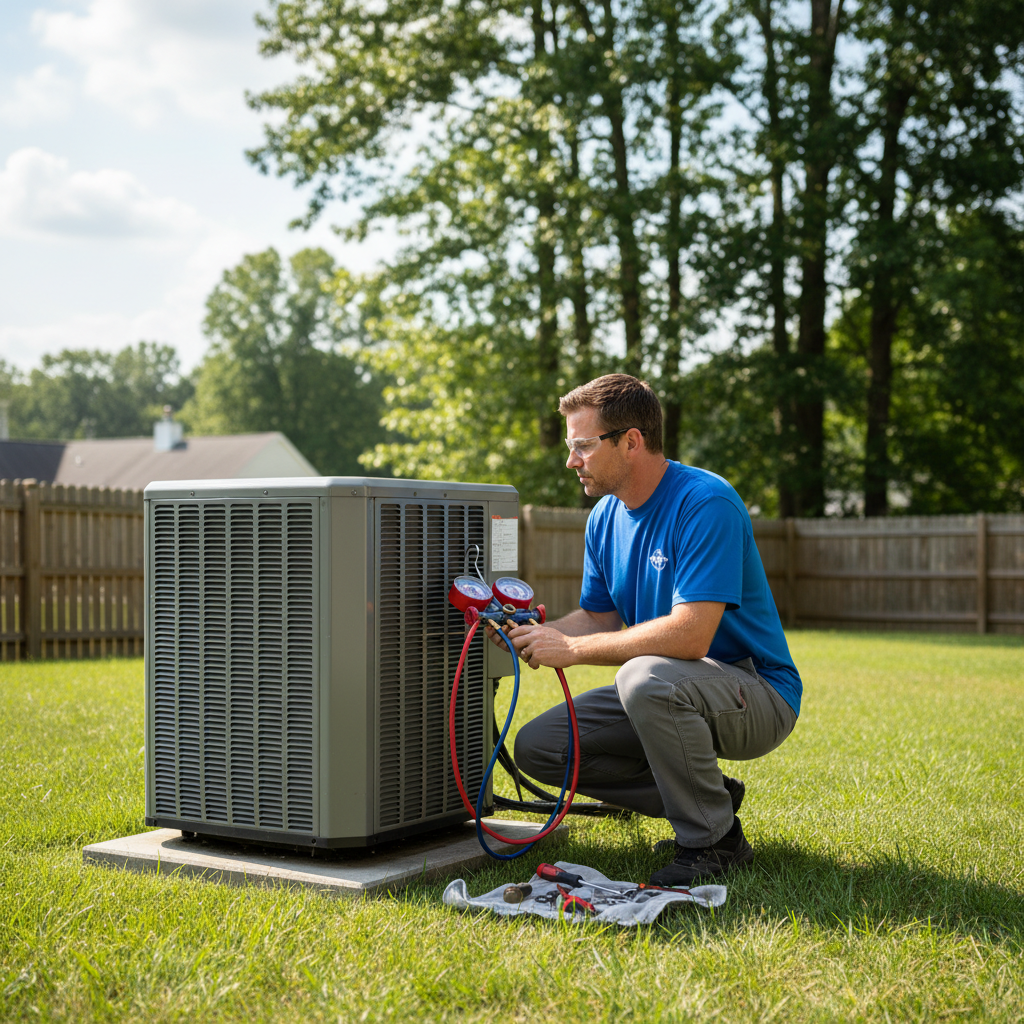 Experienced BIM Heating and Cooling professional checking an air conditioning unit in Fredericksburg, Virginia.
