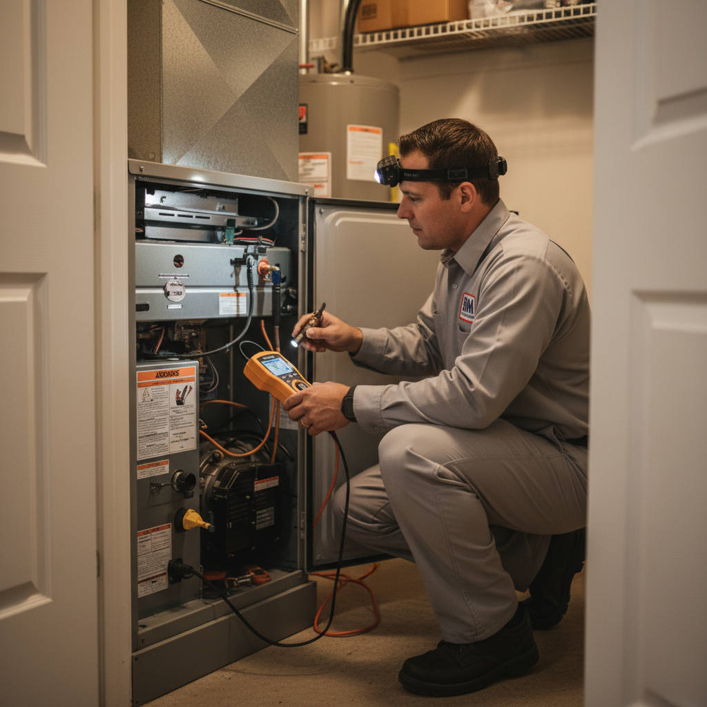 Experienced BIM Heating and Cooling professional checking an air handler in a Virginia home's utility closet.