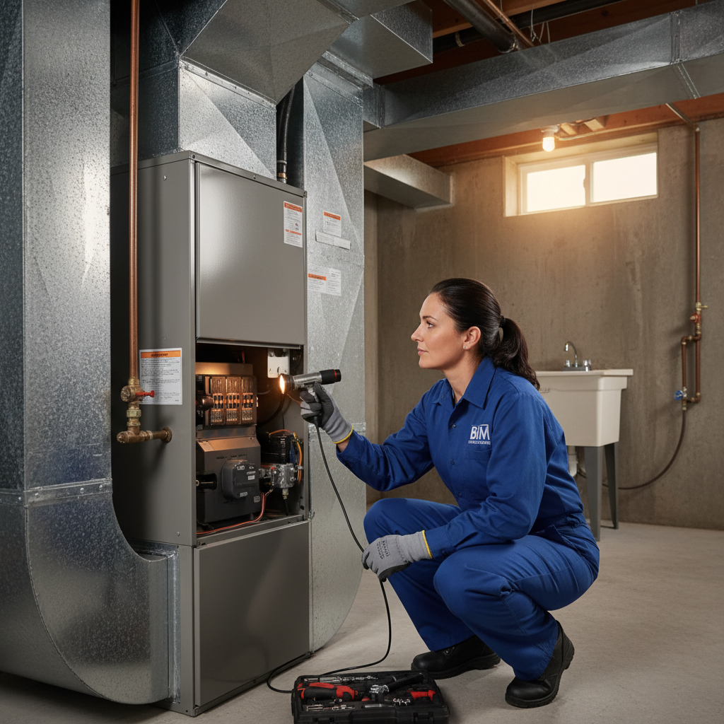 Experienced BIM Heating and Cooling professional inspecting a furnace in a Virginia basement near Fredericksburg.