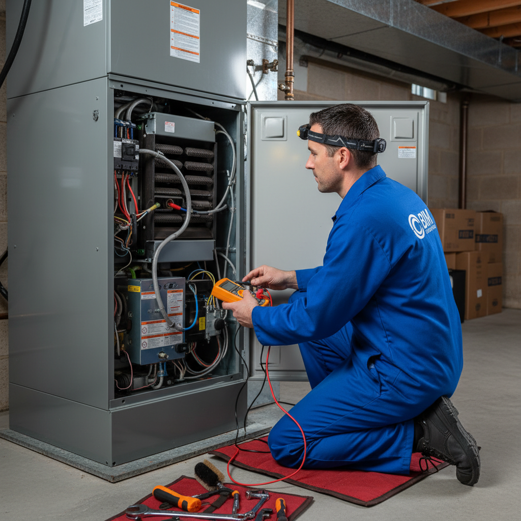 Experienced BIM Heating and Cooling professional working on a furnace in a Virginia county residence.