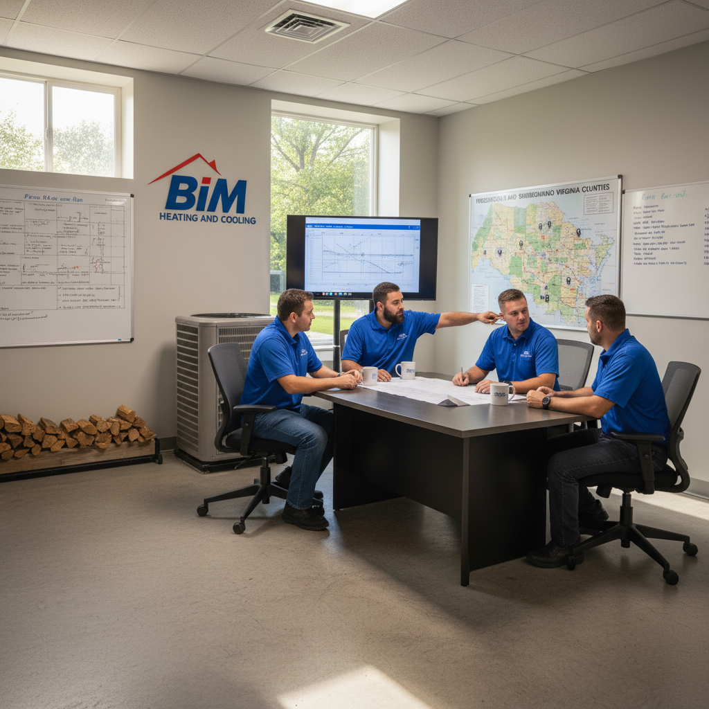 Experienced BIM Heating and Cooling team discussing HVAC solutions in Fredericksburg, Virginia office.