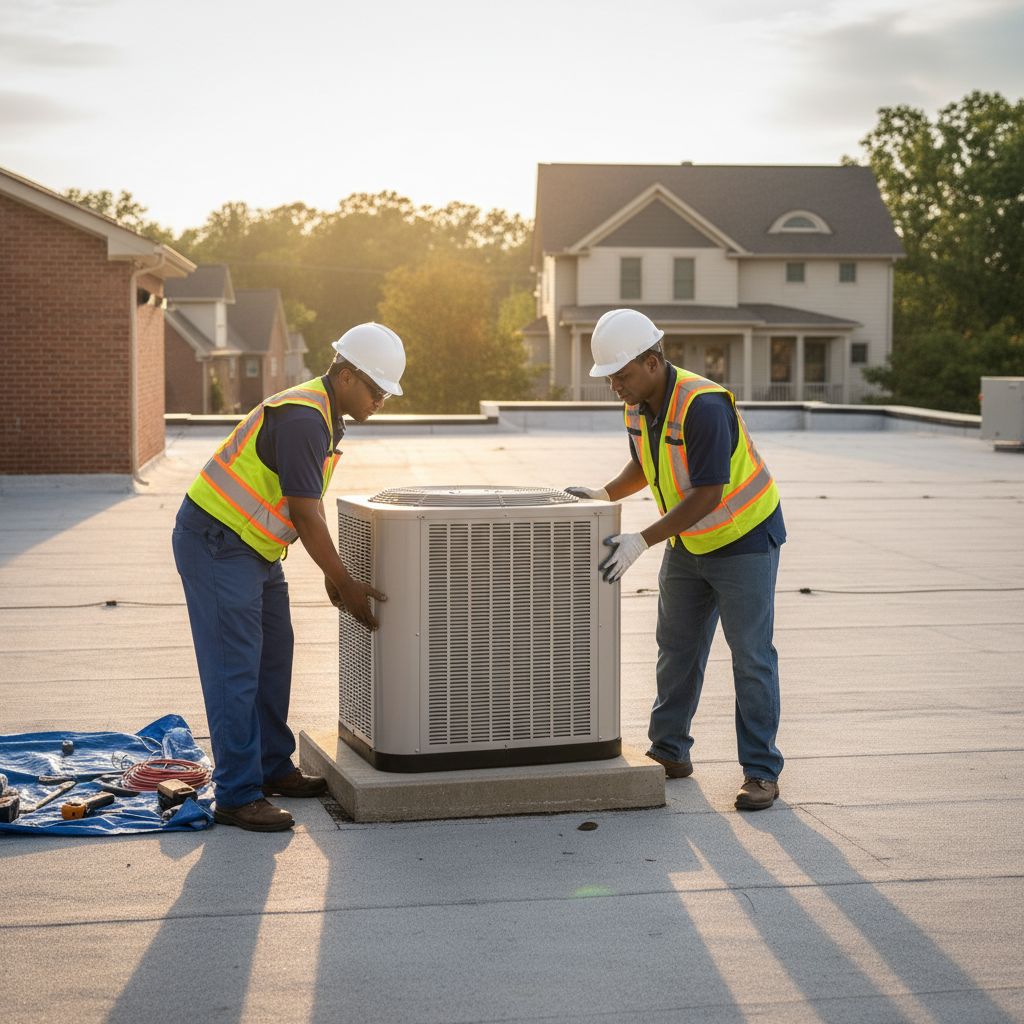 Experienced BIM Heating and Cooling team installing a new air conditioning unit in Fredericksburg, Virginia.