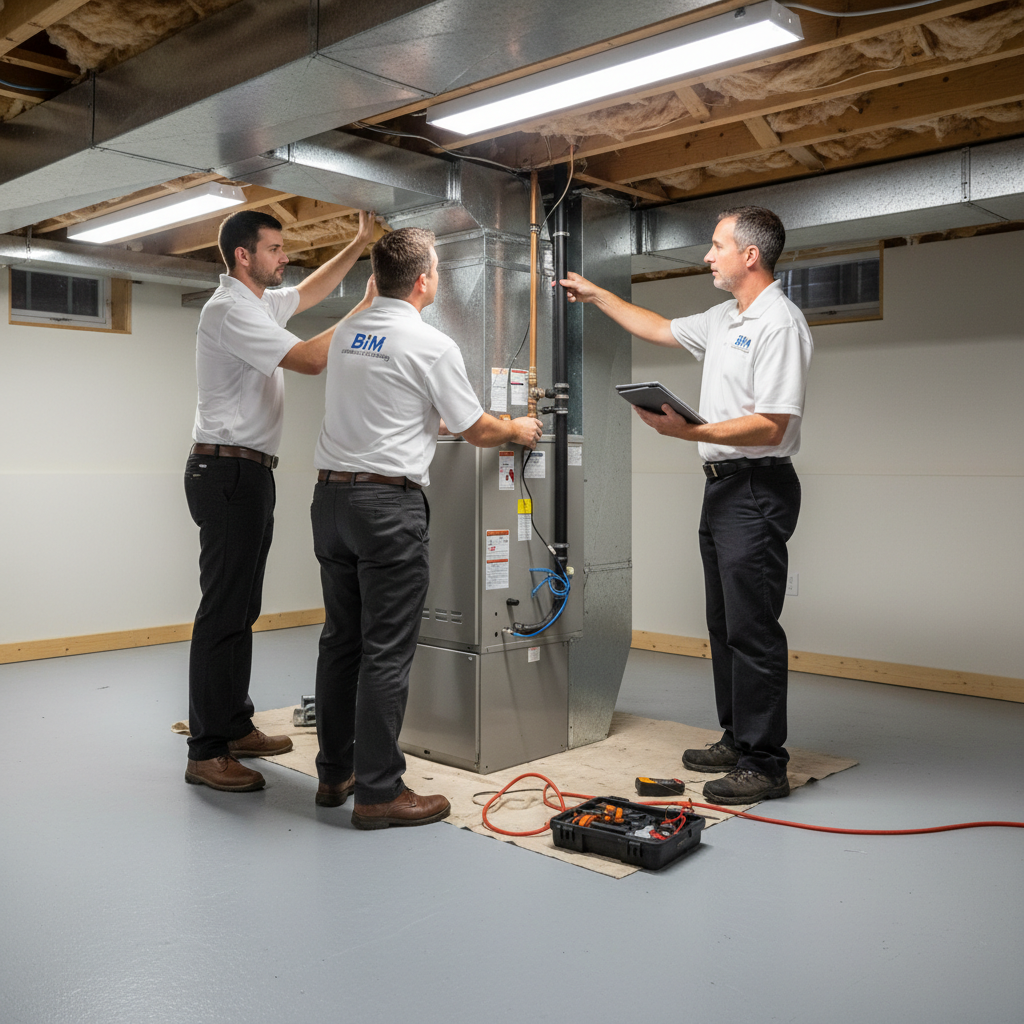 Experienced BIM Heating and Cooling team installing a new furnace in a Stafford County, Virginia basement.